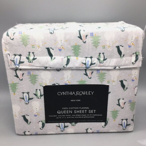 3pc Cynthia Rowley Christmas Trees Penguins Snowman Flannel QUEEN Sheet Set Gift - Picture 6 of 6